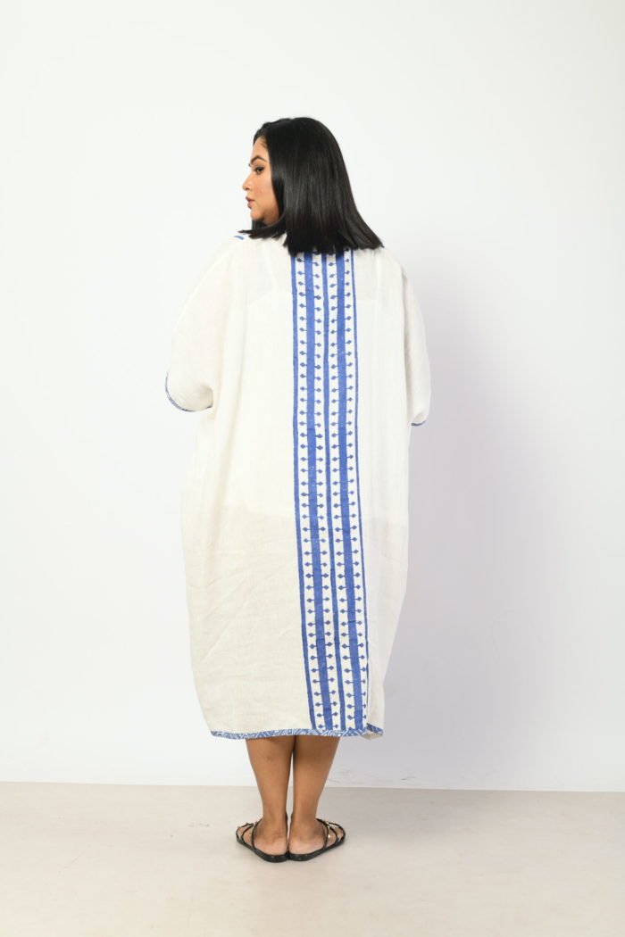 Raya – Pure Linen White and Blue Kaftan