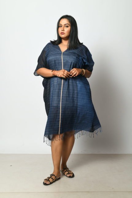 Navy Blue Stripe And Check Kaftan