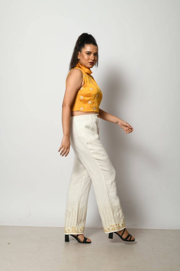 White Hand Embroidered Linen Pant