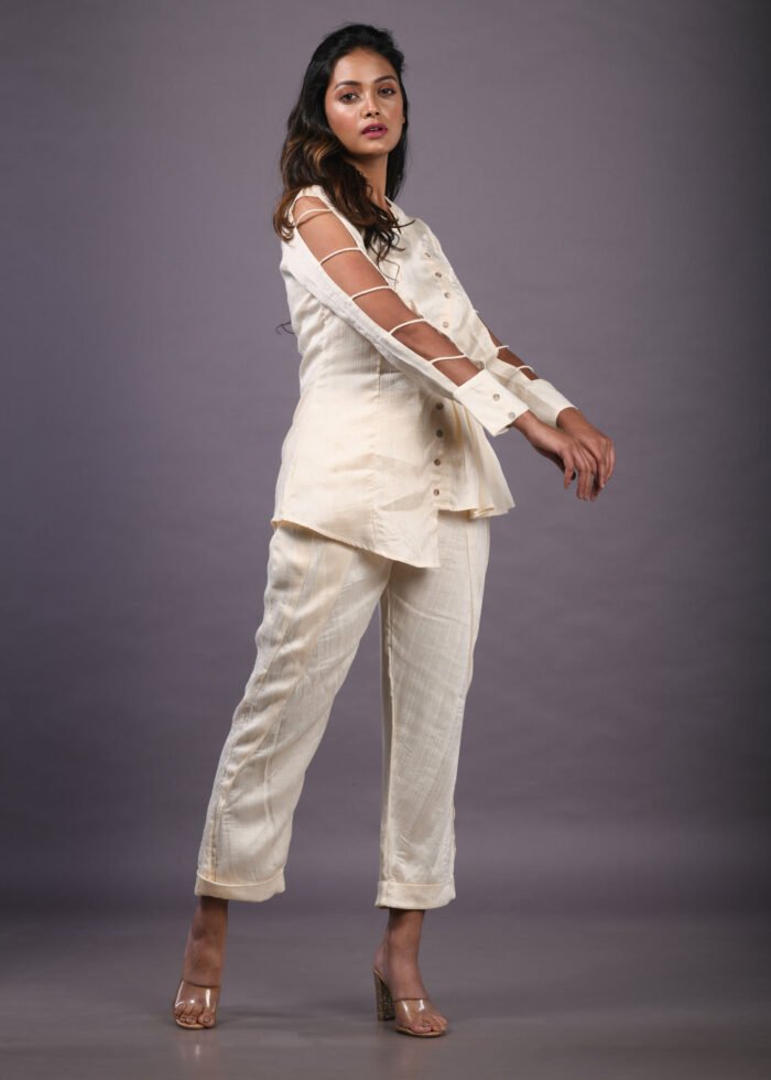 Beige South Silk Co-Ord Cut With Out Sleeve