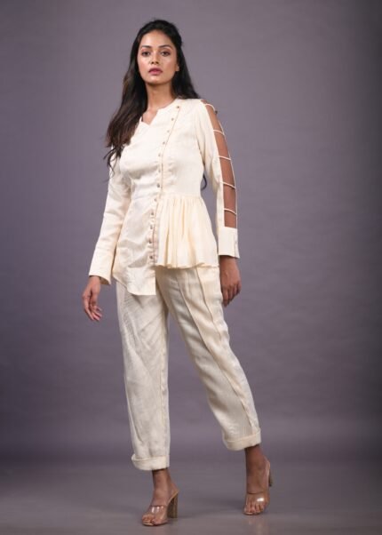 Beige South Silk Co-Ord Cut With Out Sleeve