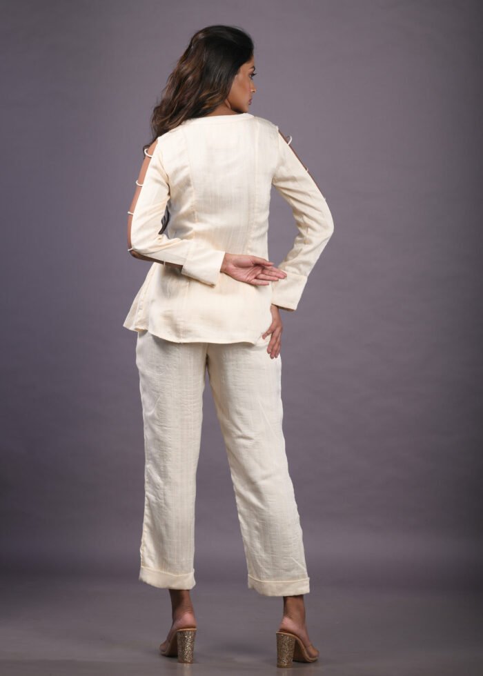Beige South Silk Co-Ord Cut With Out Sleeve
